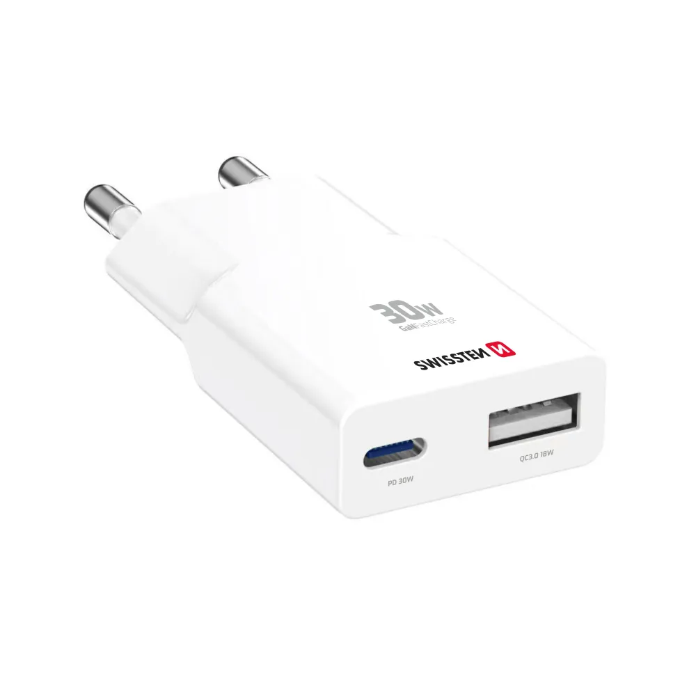 Swissten Travel Charger Slim GaN USB-C / USB 30W - White