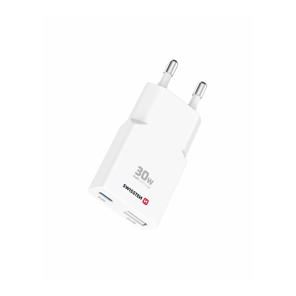 Swissten Travel Charger Slim GaN USB-C / USB 30W - White