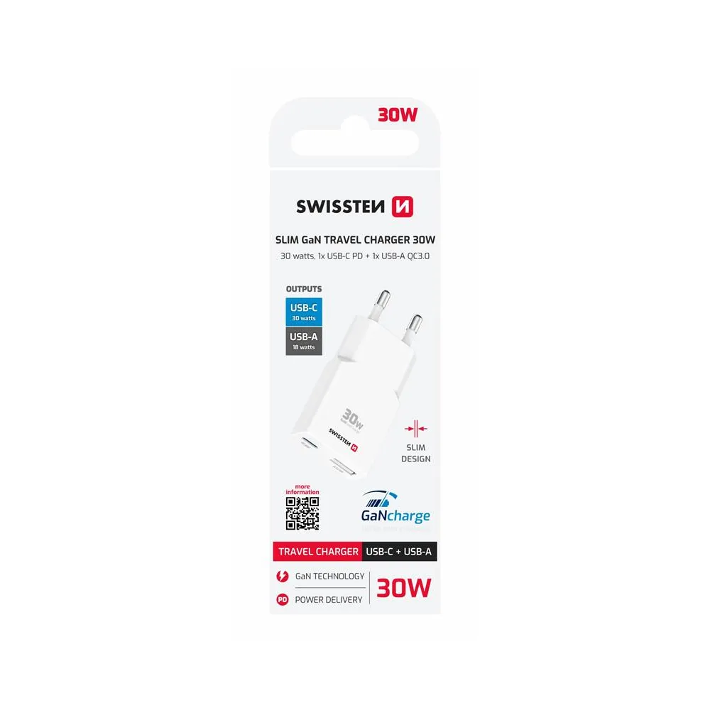 Swissten Travel Charger Slim GaN USB-C / USB 30W - White
