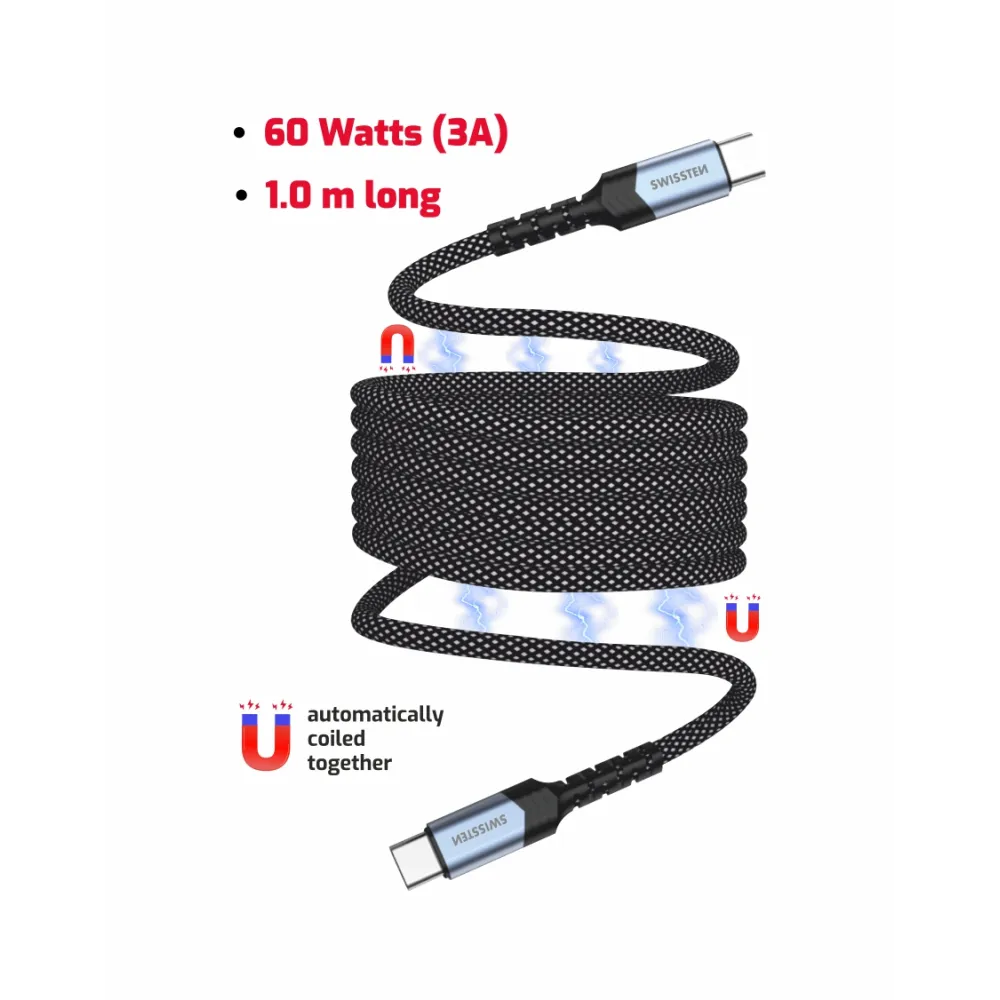 Swissten Data kabl Magnetic Self-Winding USB-C To USB-C - 1m