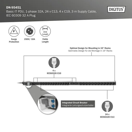 Digitus BASIC PDU, Vertical, 32A, 24 x C13, 4 x C19