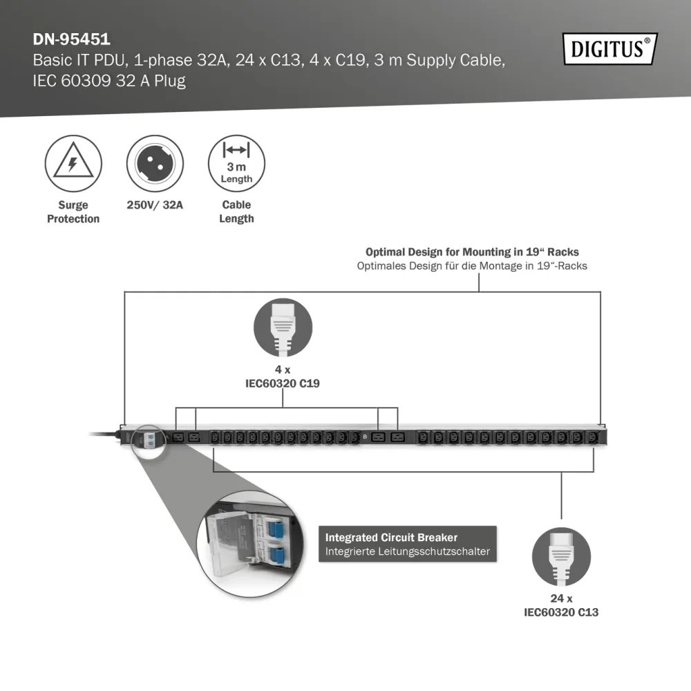 Digitus BASIC PDU, Vertical, 32A, 24 x C13, 4 x C19