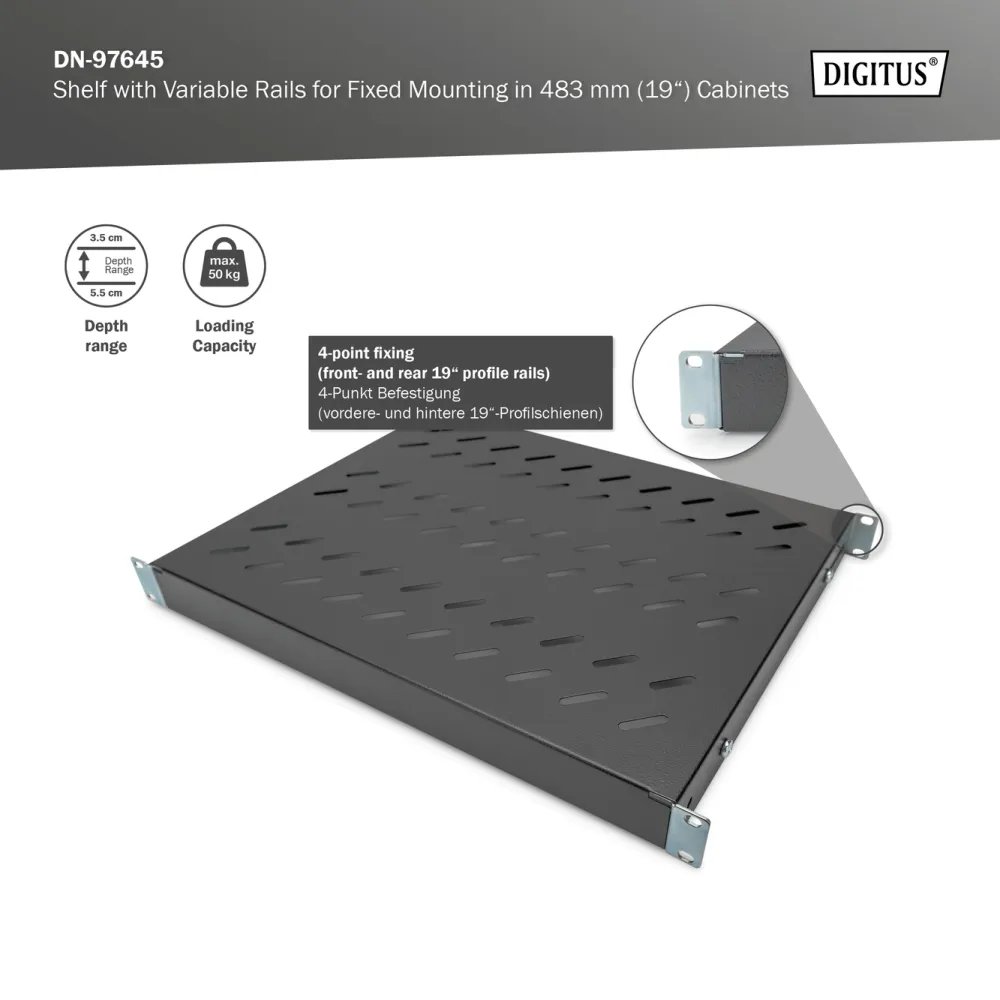 Digitus Polica fiksna 483 mm (19 ), do 50 kg, 44.5×482×350‑500 mm, crna