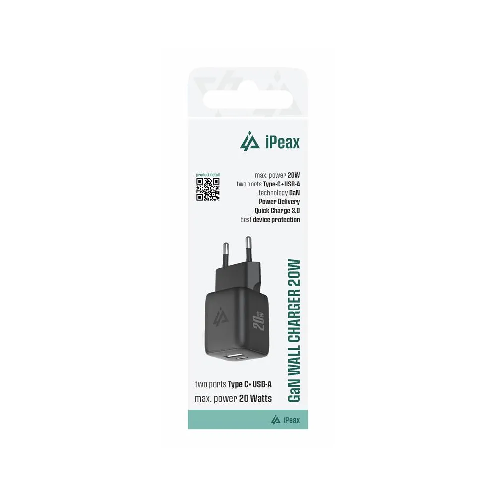 iPEAX Adapter GaN 20W (USB-C + USB-A) Black