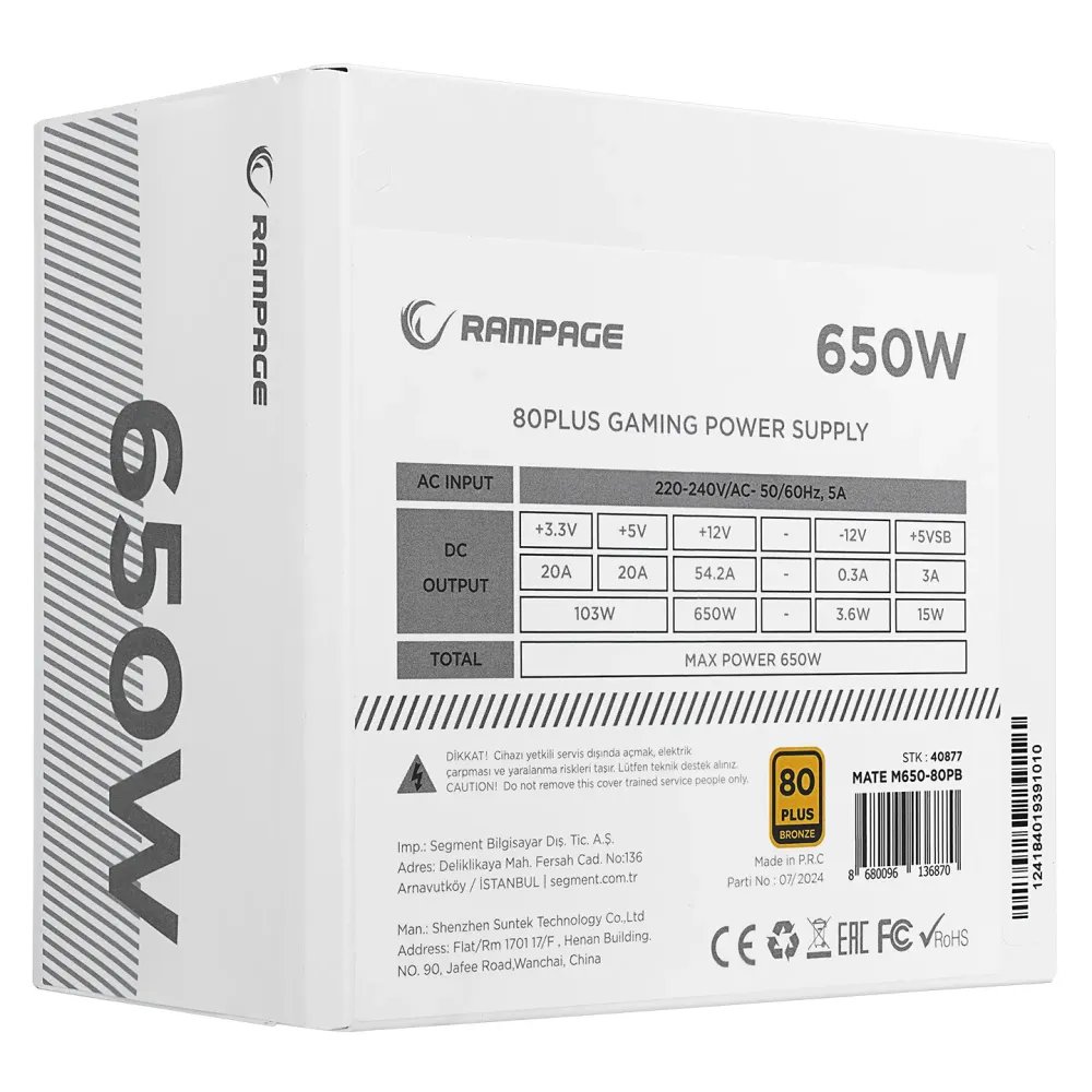 Rampage Napajanje MATE M650-80PB 650W 80+ Bronze Full Modular Active PFC White