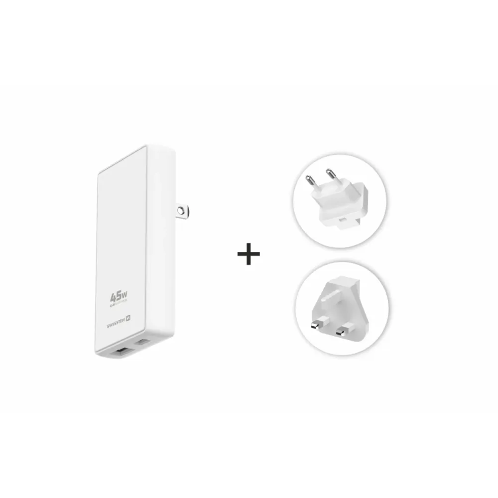 Swissten Travel Power Adapter GaN USB-C + USB-A, 45 W, US, EU, UK, white