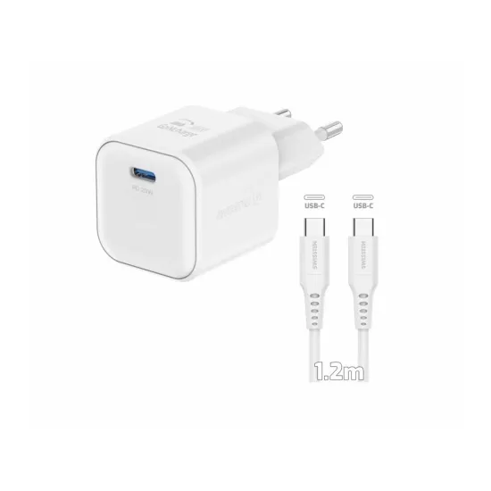 Swissten TRAVEL CHARGER GaN 1x USB-C 20W POWER DELIVERY WHITE + DATA CABLE USB-C/USB-C 1,2 M WHITE