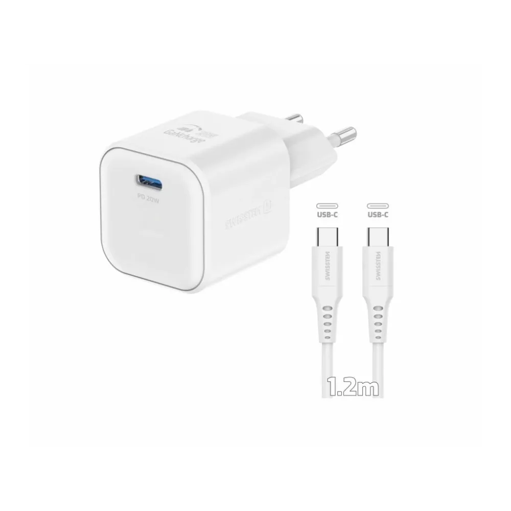 Swissten TRAVEL CHARGER GaN 1x USB-C 20W POWER DELIVERY WHITE + DATA CABLE USB-C/USB-C 1,2 M WHITE