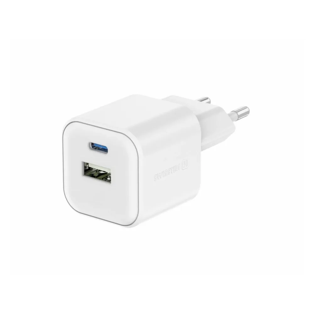 Swissten TRAVEL CHARGER EDGE GaN 1x USB-C PD 20W + 1x USB-A 18W QC, FOR UK PLUG WHITE