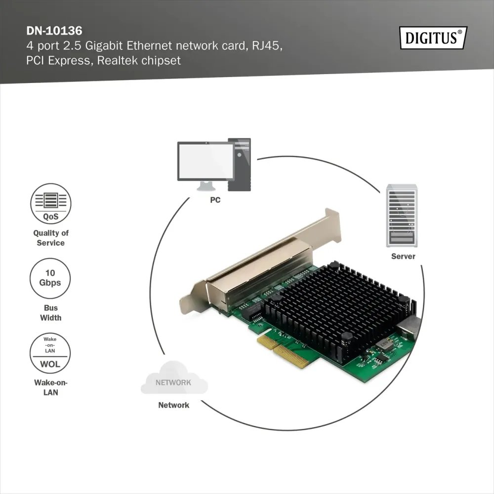 Digitus Mrežna kartica PCIe, 4x 2.5 Gigabit Ethernet (2.5Gbps), PCI-Express x4, RJ-45, internal