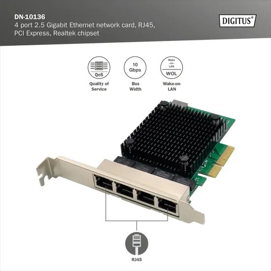 Digitus Mrežna kartica PCIe, 4x 2.5 Gigabit Ethernet (2.5Gbps), PCI-Express x4, RJ-45, internal