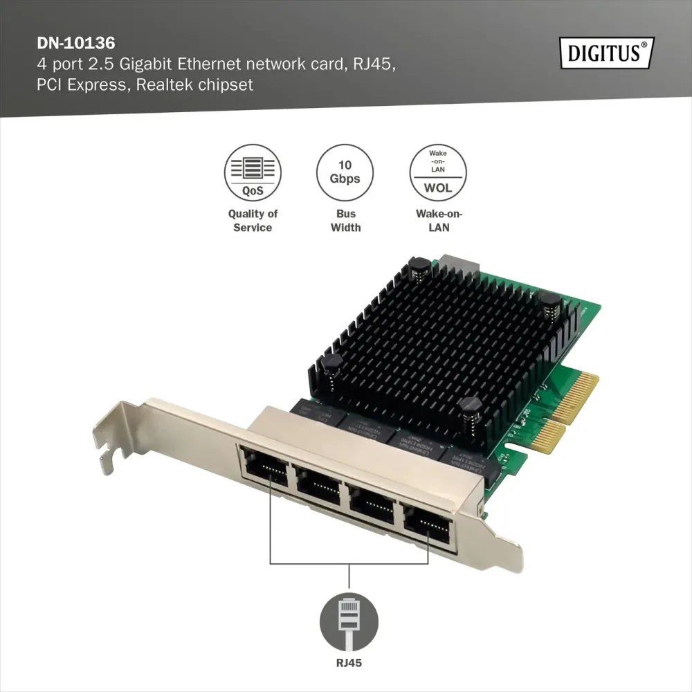 Digitus Mrežna kartica PCIe, 4x 2.5 Gigabit Ethernet (2.5Gbps), PCI-Express x4, RJ-45, internal