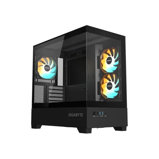 GIGABYTE C201 Panoramic Mid Tower PC Case(mini-ITX/m-ATX), Pre-installed 3 ARGB fans, USB*2, Black