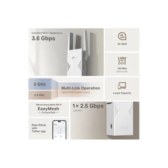 TP-LINK RE235BE BE3600 Dual-Band Wi-Fi 7 Range Extender, EasyMesh-Compatible, 1 2.5 Gbps LAN port