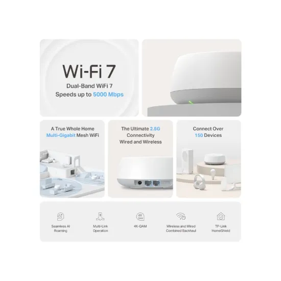 TP-LINK DECO BE25(2-PACK) BE5000 Whole Home Mesh WiFi 7 System, 2x 2.5Gbps, WPS