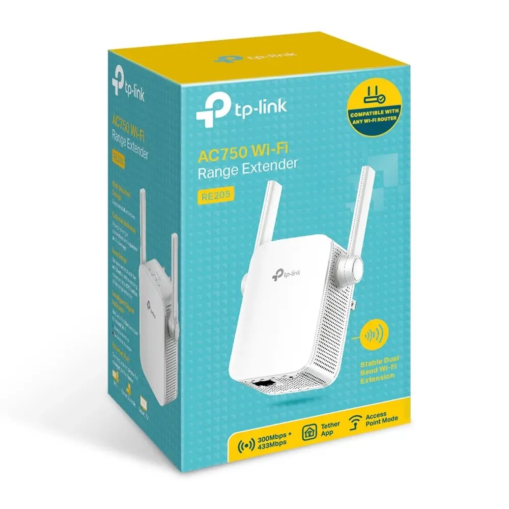TP-LINK RE205 AC750 Wi-Fi Range Extender 433Mbps at 5GHz + 300Mbps at 2.4GHz, 2 fixed antennas