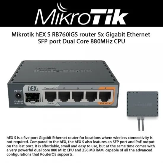 Mikrotik Router hEX S (RB760iGS) 5x Gigabit Ethernet, SFP, Dual Core 880MHz CPU, 256MB RAM, USB, microSD, RouterOS L4, IPsec har