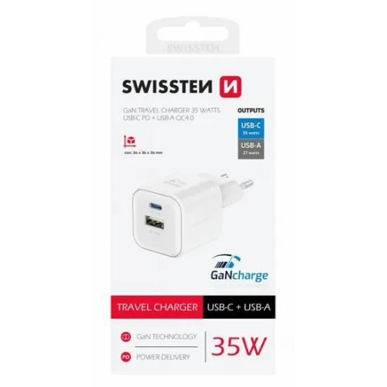 Swissten Travel charger 1x USB-C 35W PD, 1x USB-A 27W QC, white