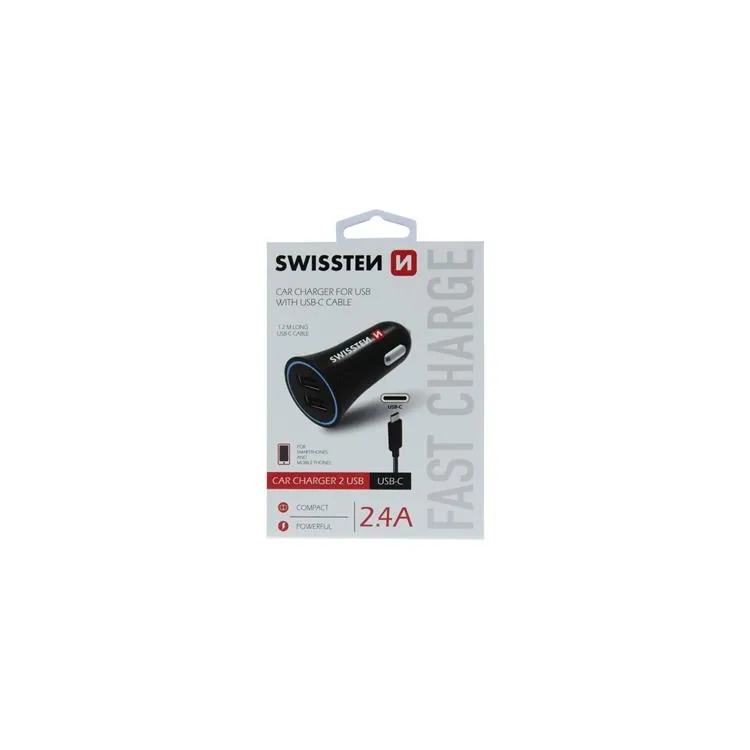 Swissten Car charger 2.4A power 2x USB, cable USB-C
