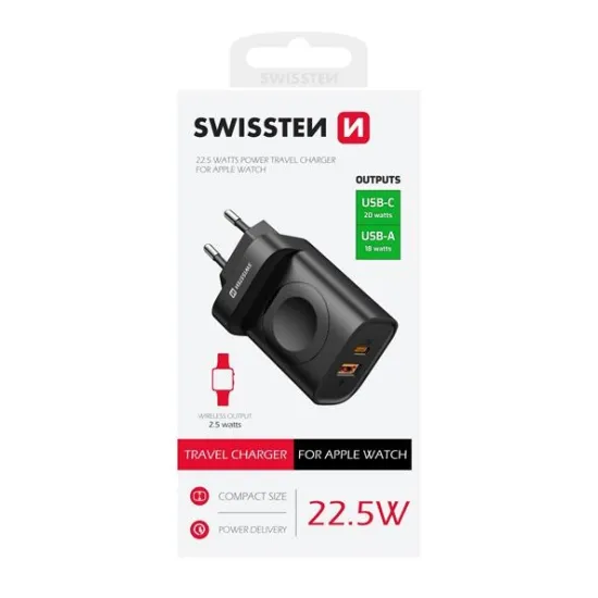 Swissten Travel charger 1xUSB-A, 1xUSB-C and Apple watch, 22.5W
