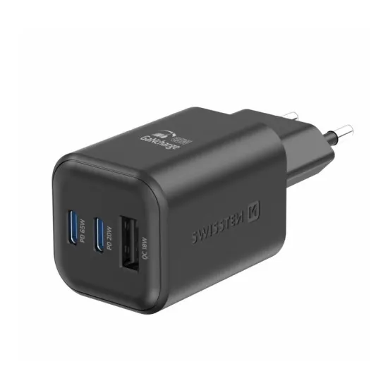Swissten Travel Charger GaN 2x USB-C 65W PD + 1x USB-A 18W QC Black