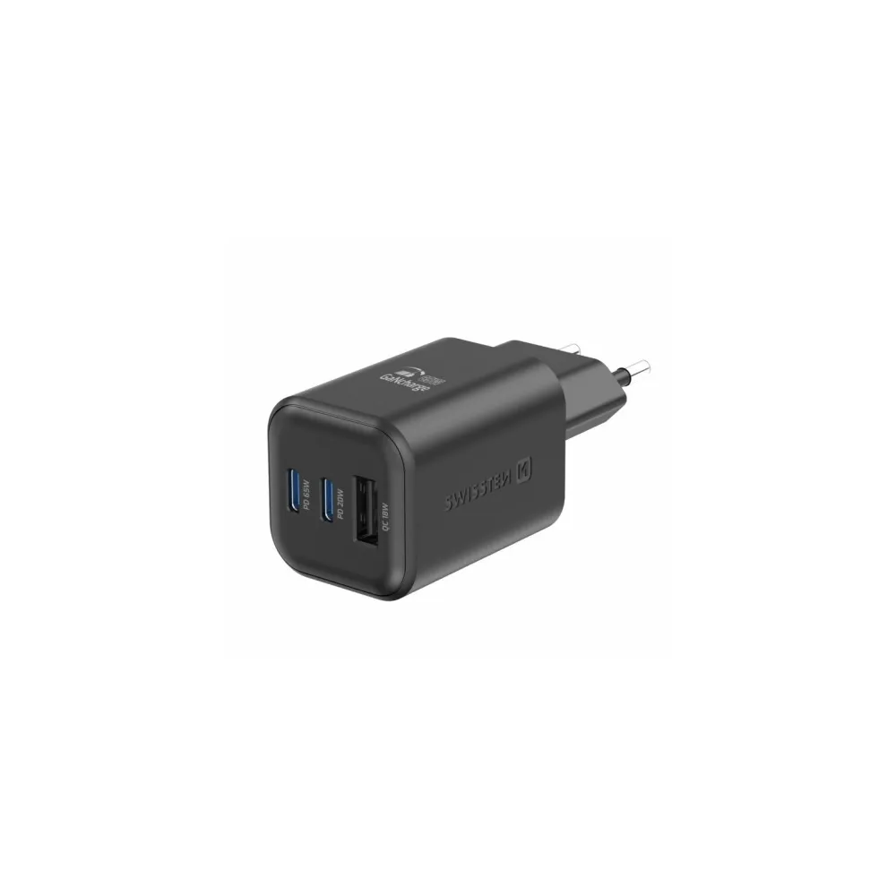 Swissten Travel Charger GaN 2x USB-C 65W PD + 1x USB-A 18W QC Black