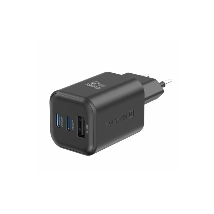 Swissten Travel Charger GaN 2x USB-C 65W PD + 1x USB-A 18W QC Black