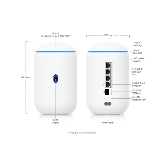 UBIQUITI Dream Router 7 Desktop 10G Cloud Gateway WiFi 7,PoE switch, 3x 2.5G LAN ports, 64GB microSD