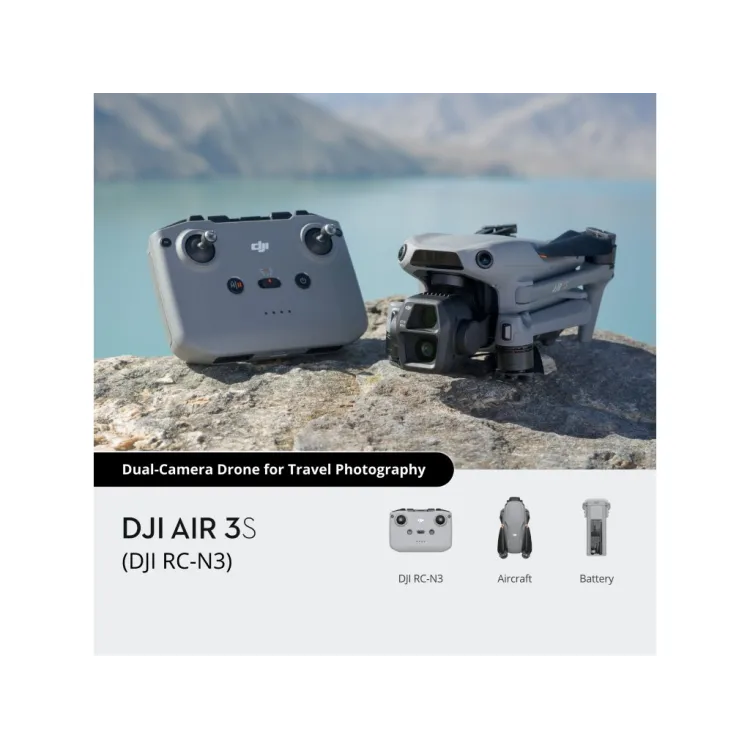 DJI AIR 3S + DJI RC-N3 , 4K/60fps HDR Video, 50 MP, 70mm Tele Camera, 45-Min Flight Time