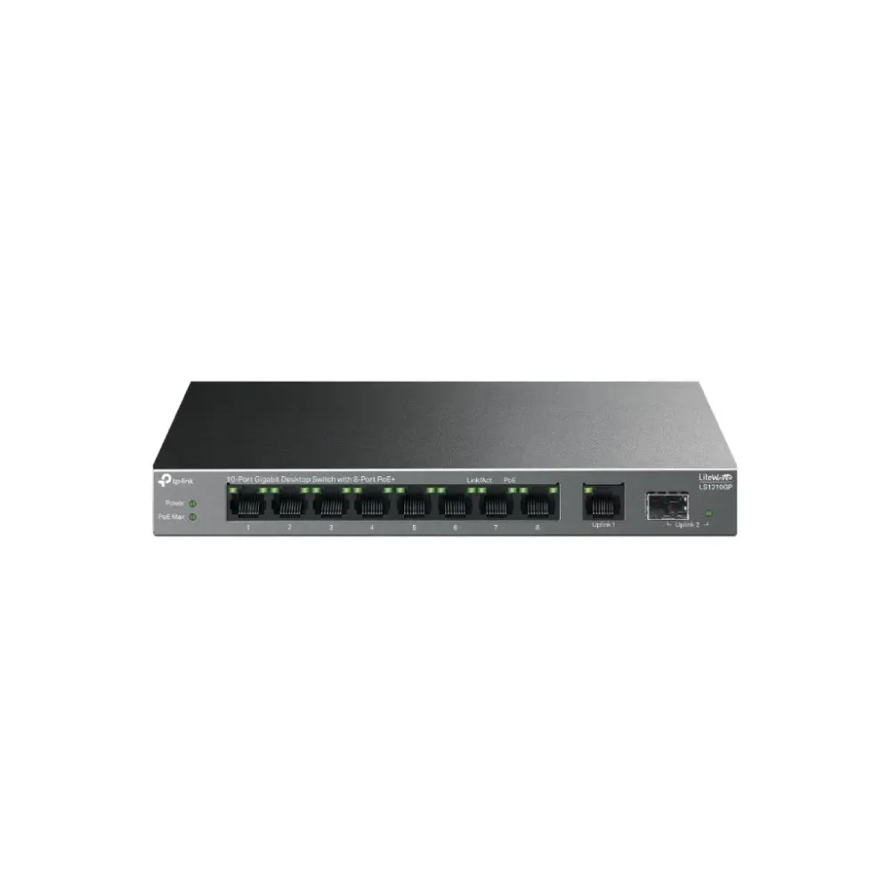 TP-LINK LS1210GP 10-Port Gigabit Desktop Switch with 8-Port PoE+, 61 W PoE Budget, 250 m, Metal case