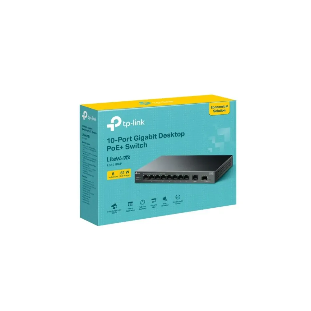 TP-LINK LS1210GP 10-Port Gigabit Desktop Switch with 8-Port PoE+, 61 W PoE Budget, 250 m, Metal case