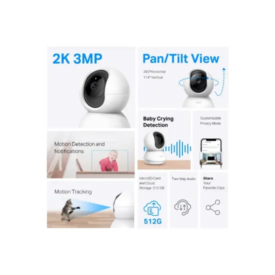 TP-LINK TAPO C210P2 Indoor 2K Pan/Tilt/Zoom Security Camera Set with Advanced Night Vision