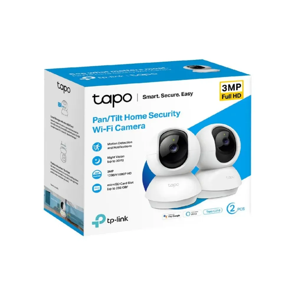 TP-LINK TAPO C210P2 Indoor 2K Pan/Tilt/Zoom Security Camera Set with Advanced Night Vision