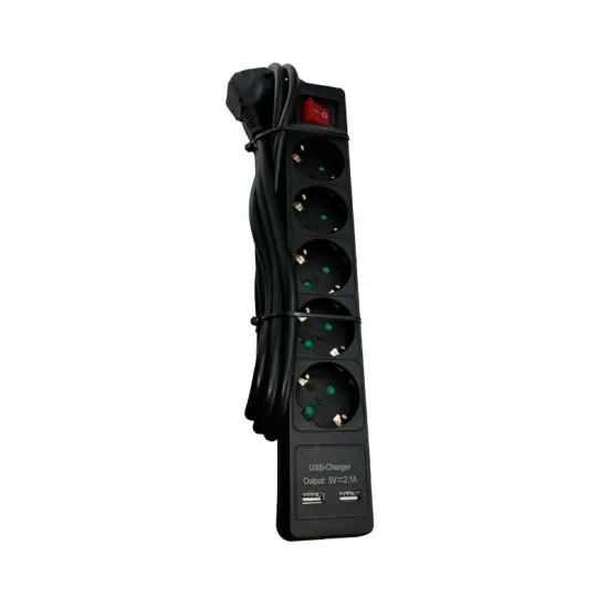 Kabl naponski produžni 5 x šuko + 2xUSB 2m sa prekidacem i zaštitom (crni)
