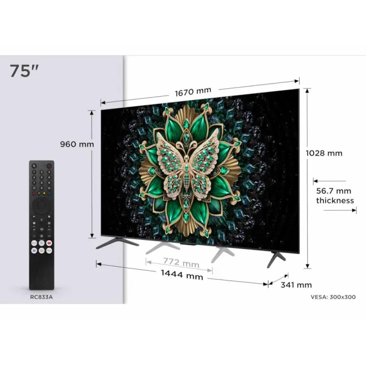 TCL 75C6K mini LED TV 75 ultra HD, Google TV smart, 512 Local Dimming Zones, 144Hz, Onkyo 2.1