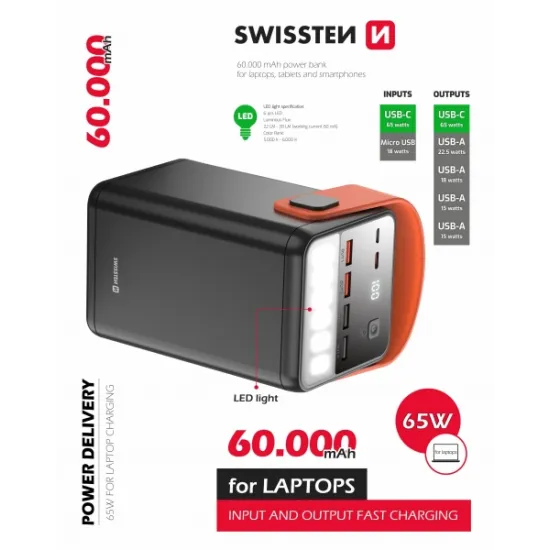 Swissten Power bank Power Line 60000 mAh 65 W