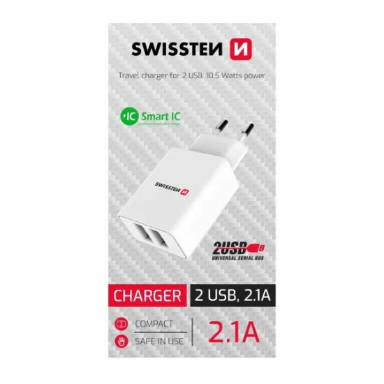Swissten Travel charger Smart IC 2x USB-A power white