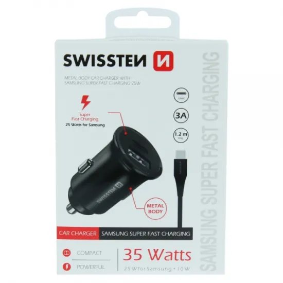 Swissten Car charger for Samsung fast charging 25W + data cable USB-C/USB-C 1.2 M, black