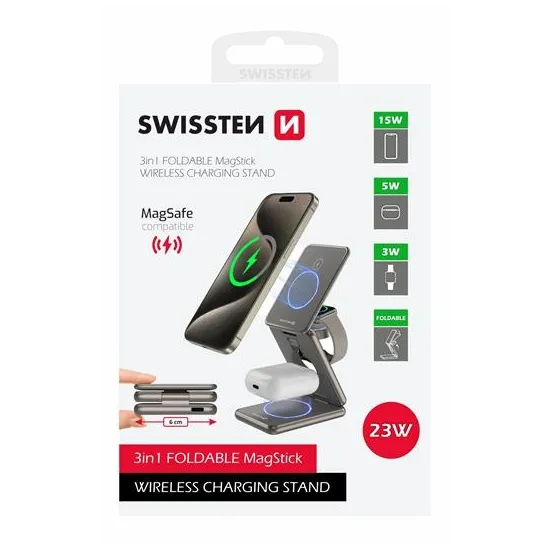 Swissten Charger MagStation wireless, 3 in 1, (MagSafe compatible), grey