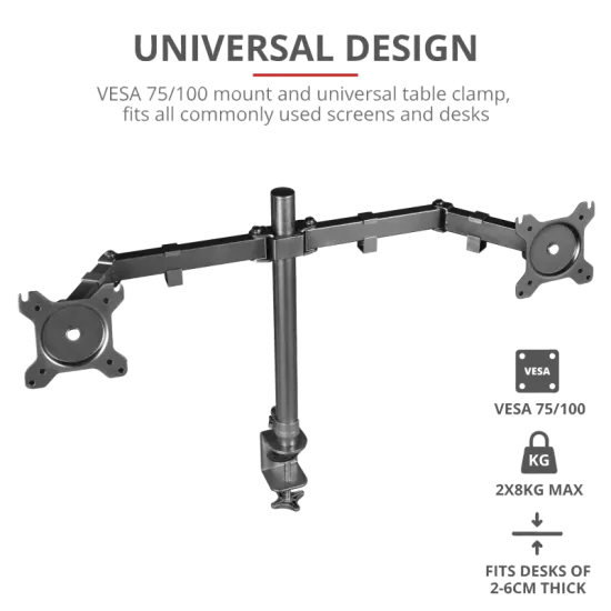 TRUST GXT 1120 Mara Dual Monitor Arm, VESA 75x75mm, 100x100mm, max 2x8kg weight, up to 32