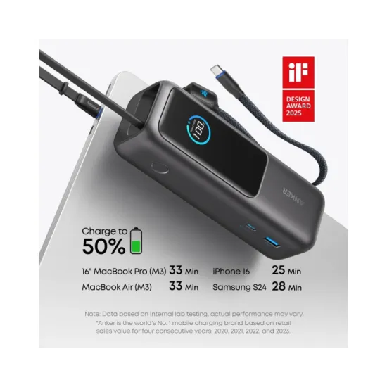25000mAh, 165W, sa ugrađenim USB-C kablom na izvlačenje, Power Bank za laptop srebrni