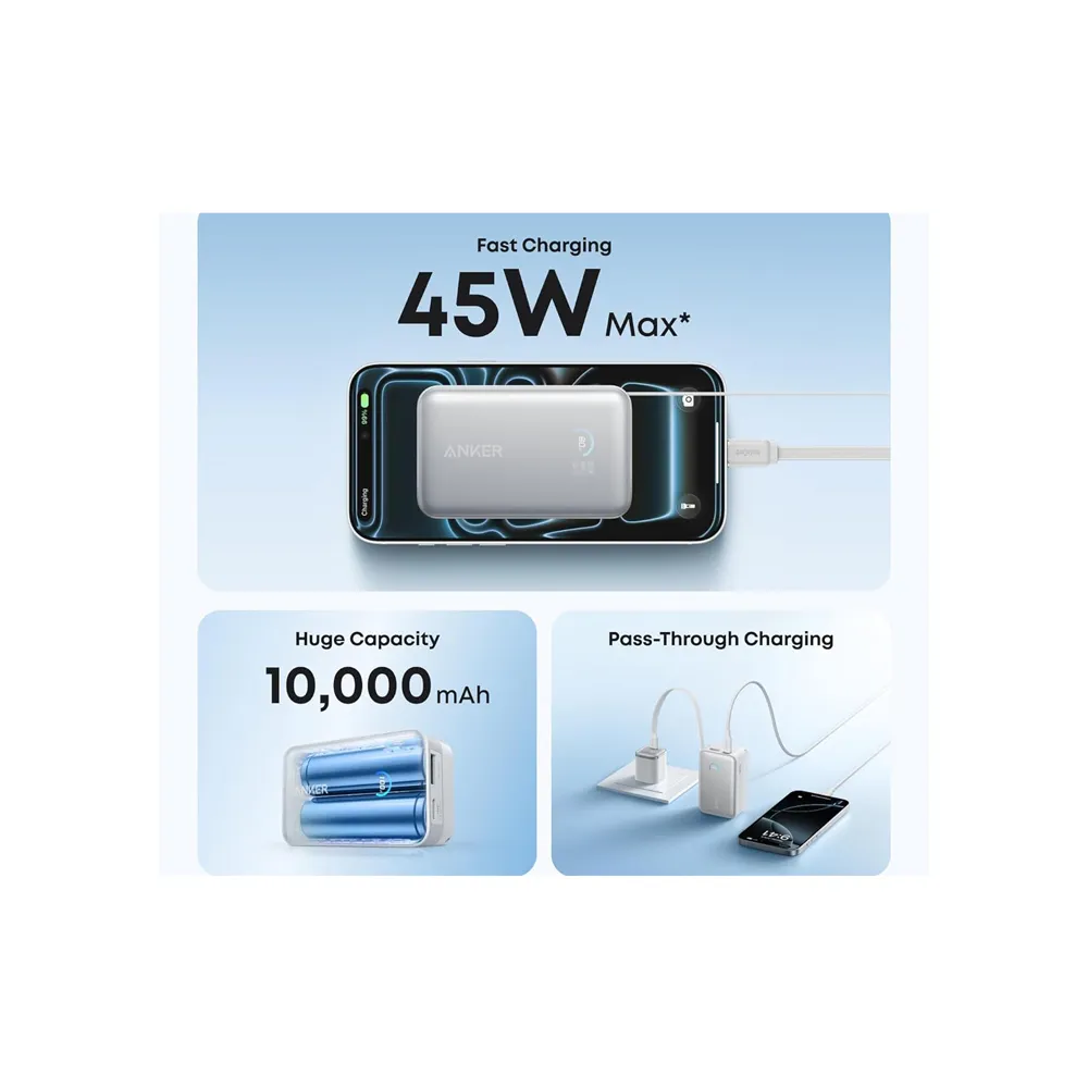 Nano 10000mAh, 45W, sa ugrađenim USB-C kablom na izvlačenje, Power Bank beli