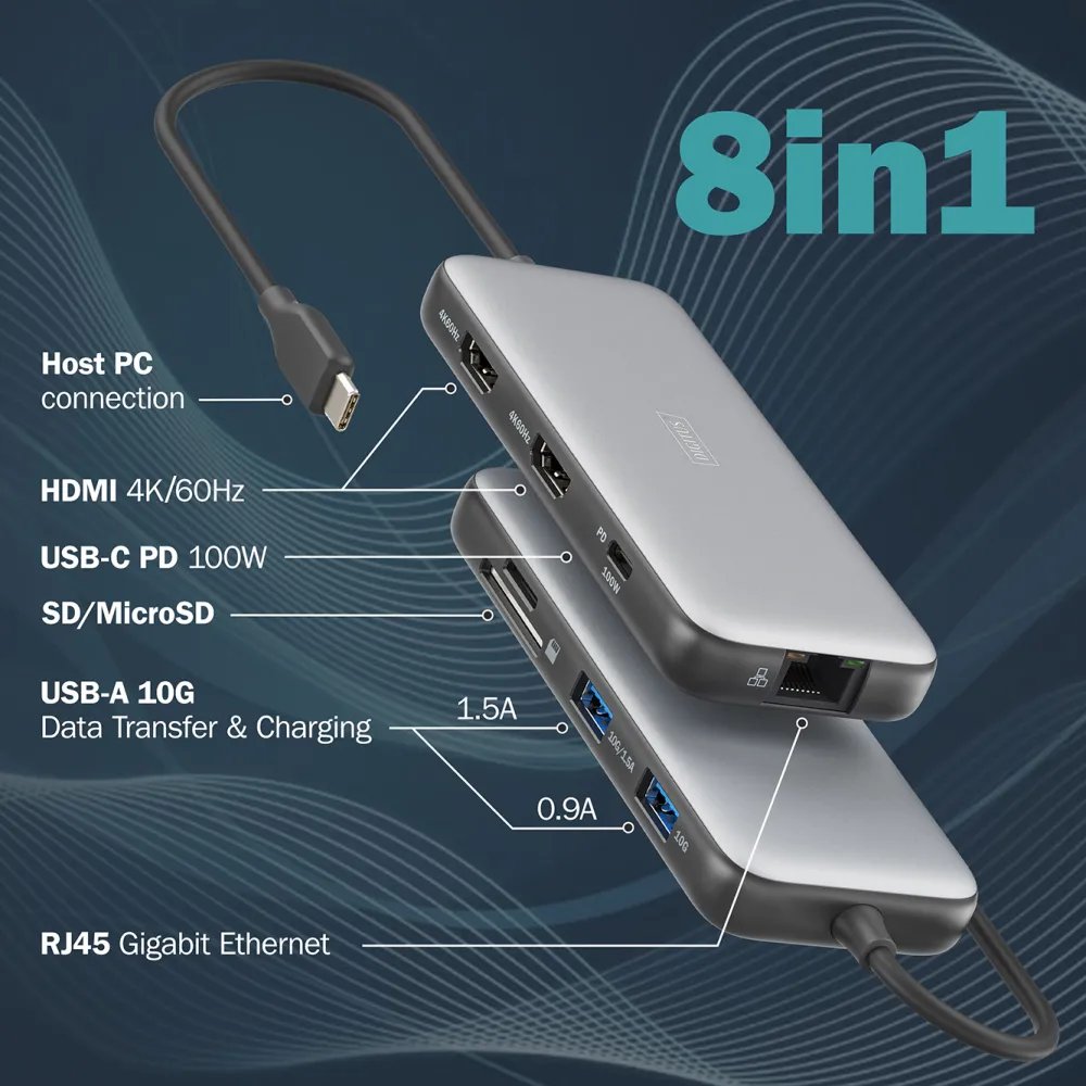 Digitus HUB 8 in 1 2x HDMI, 2x USB 3.2, 2x card reader, 1x USB Type-C, 1x RJ45 Gigabit Ethernet