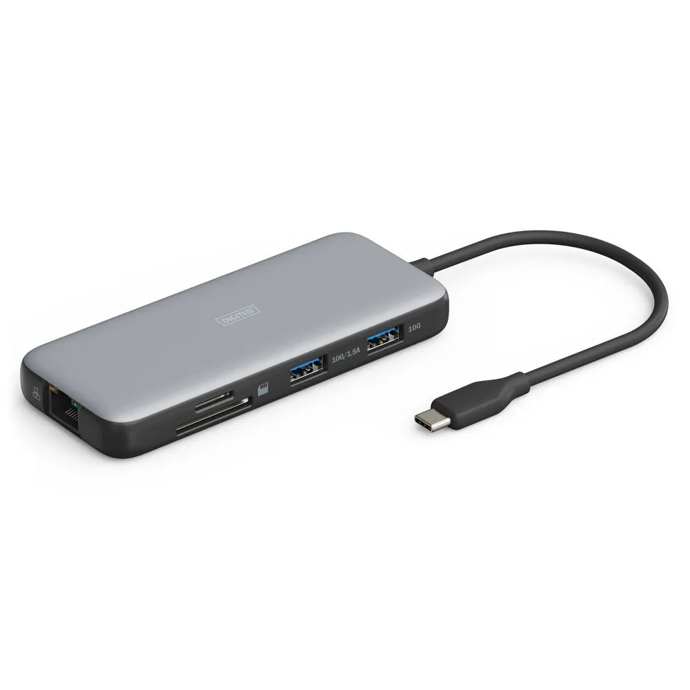 Digitus HUB 8 in 1 2x HDMI, 2x USB 3.2, 2x card reader, 1x USB Type-C, 1x RJ45 Gigabit Ethernet