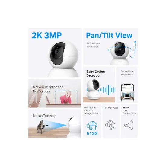 TP-LINK TAPO C210P2 Indoor 2K Pan/Tilt/Zoom Security Camera Set with Advanced Night Vision