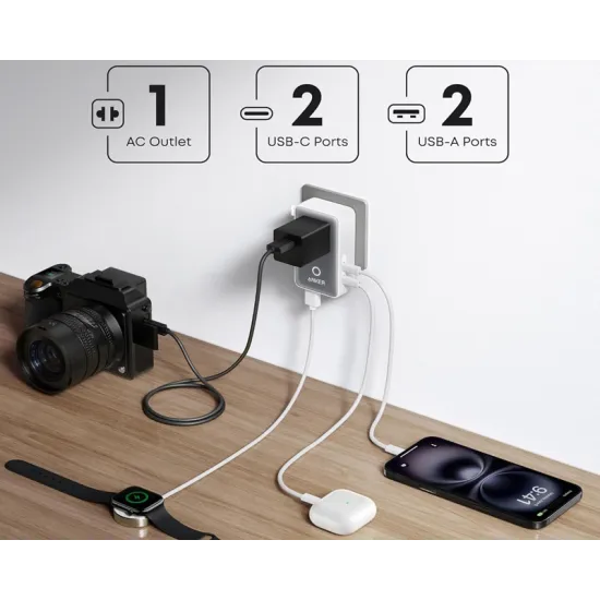 Nano 20W putni zidni punjač 5-portova (2x USB-A, 2x USB-C, utičnica EU na US, UK, AU i EU), beli