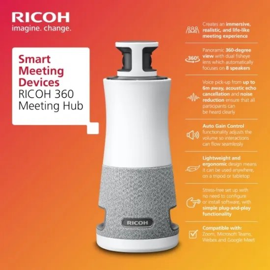 PFU Ricoh Conference system 360 Meeting hub, 3-in-1, 360, Plug-and-Play Conference Camera/Microphone/Speaker, Camera 1920x1080,