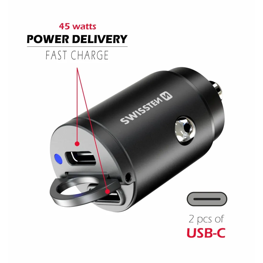Swissten Car Adapter 2X USB-C 45W Nano Black