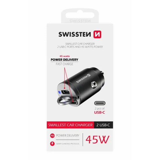 Swissten Car Adapter 2X USB-C 45W Nano Black
