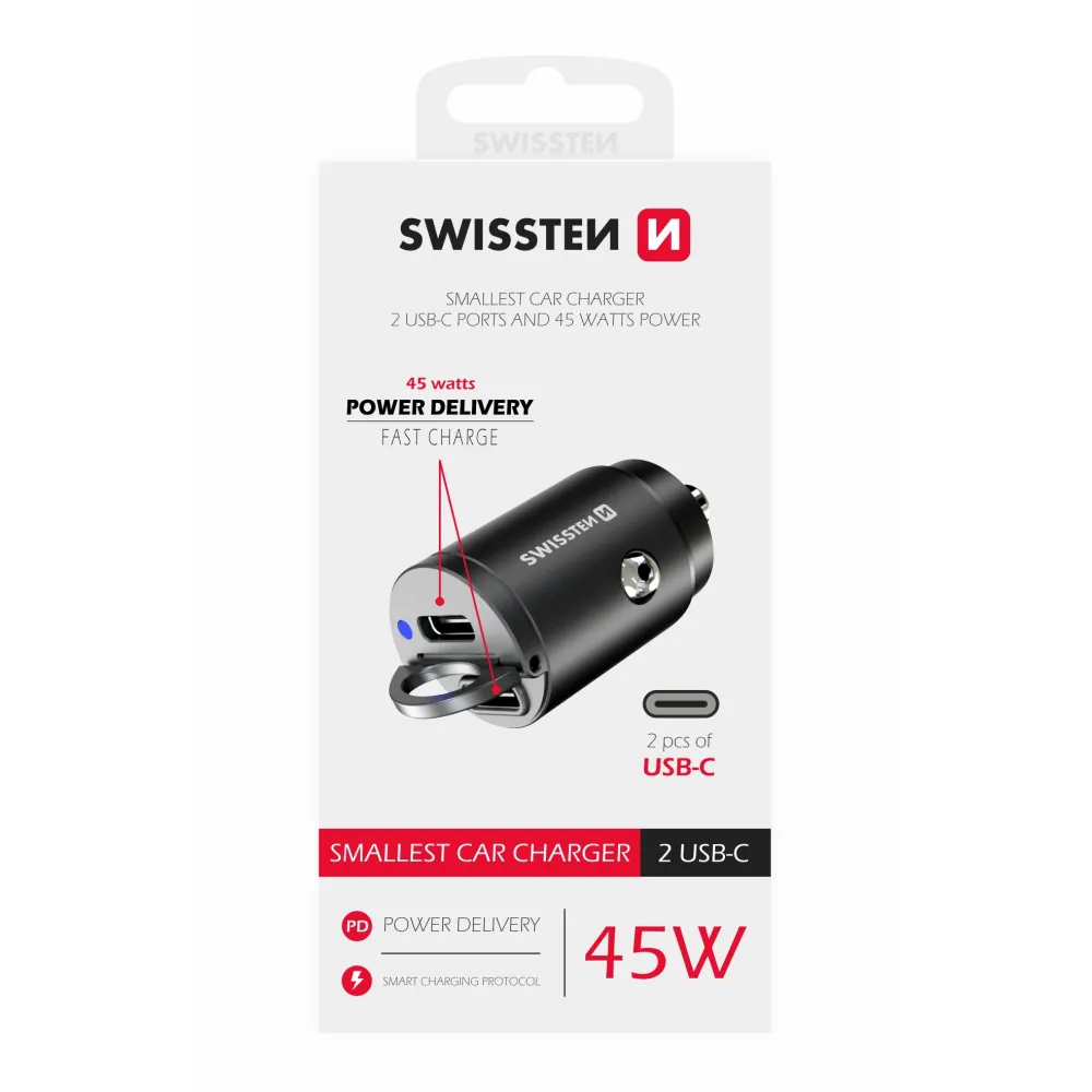 Swissten Car Adapter 2X USB-C 45W Nano Black